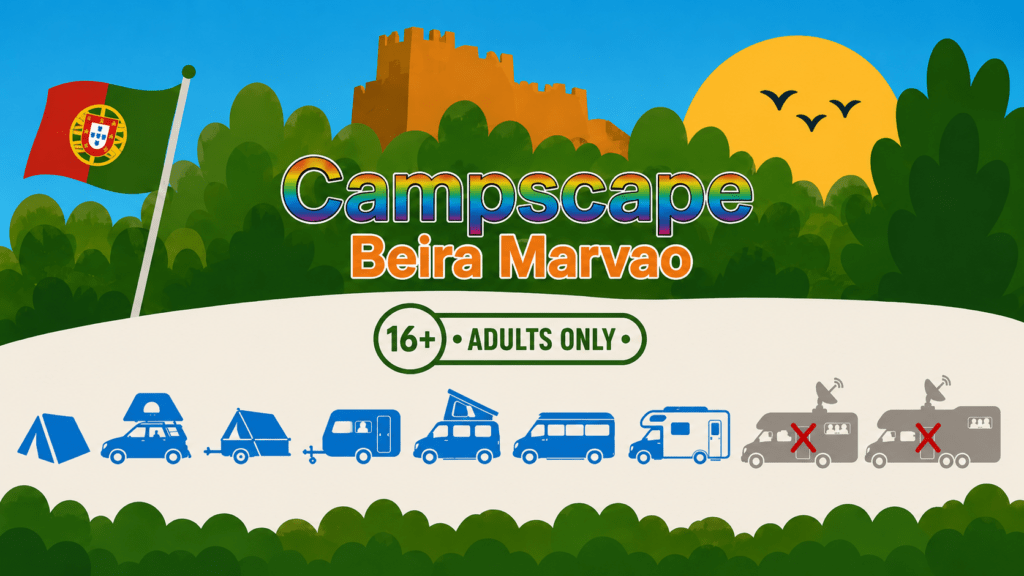 Banner para Campscape Beira Marvao: tiendas de campaña, furgonetas camper, bandera de Portugal y señalización '16+ Adult Only'.