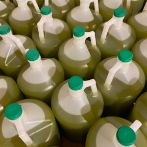 Close-up of numerous white plastic gallon jugs with green caps packed tightly together, likely cleaning solution containers.