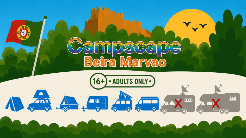 Bright campsite poster: 'Campscape Beira Marvao', 16+ Adults Only, row of blue camping vans and tents, Portugal flag on left.